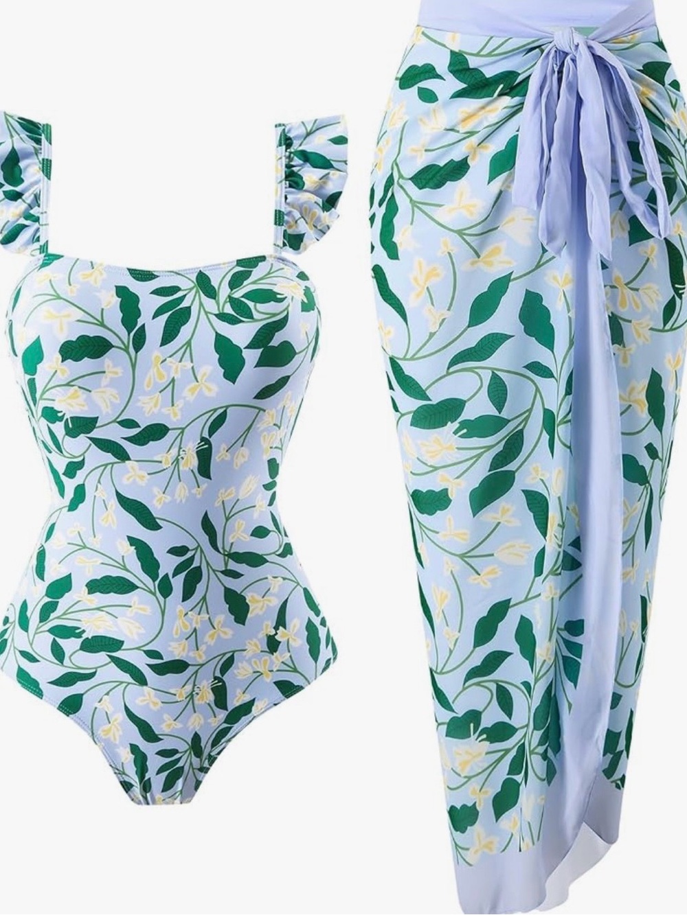 Floral Light Blue One-Piece Swimsuit & Sarong Set